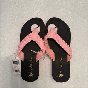 Women’s U.S. Polo Ass. Flip Flops Pink Braided Straps Black Sole Logo